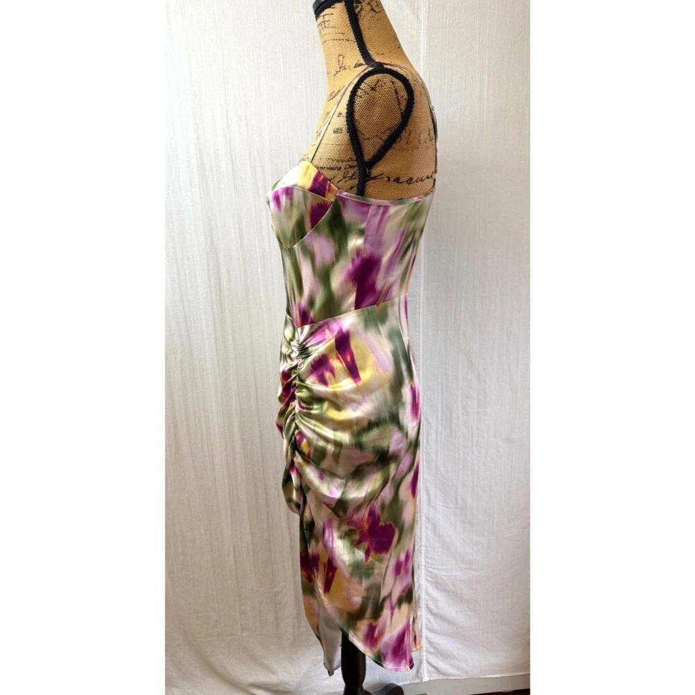 CIDER Watercolor Satin Ruched Asymmetrical Bodycon Midi Dress – Size Small